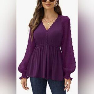 NWT! Missky Womens Medium purple tunic lace swiss dot flowy long sleeve blouse